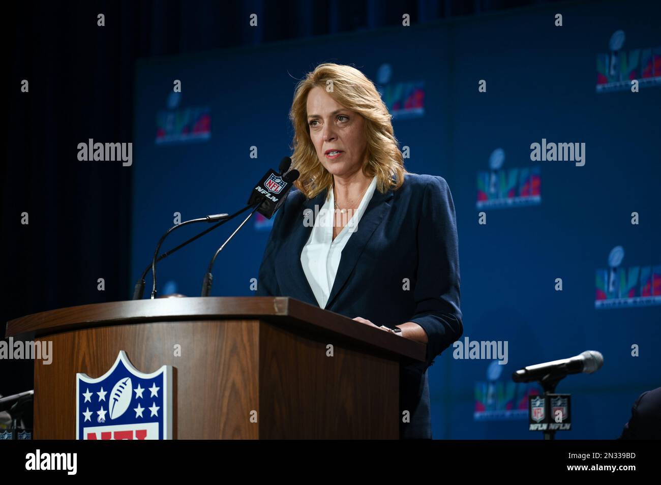 Cathy Lanier, Chief Security Officer, NFL, speaks during the Super Bowl LVII Public Safety Press Conference held at the Media Center at the Phoenix Convention Center in Phoenix, Arizona on Feb. 7, 2023. Super Bowl LVII will take place Sunday Feb. 12, 2023 between the Kansas City Chiefs and the Philadelphia Eagles. (Photo by Anthony Behar/Sipa USA) Stock Photo