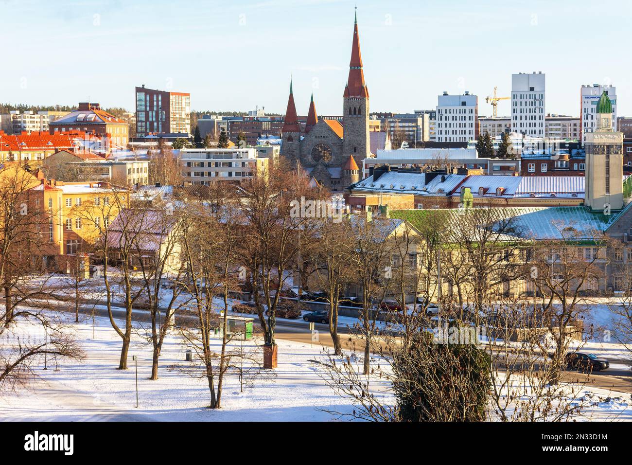 City view in the winter from Finlayson industrial building roof in Tampere Finland Stock Photo