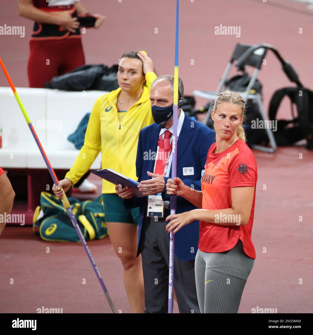 AUG 06, 2021 - Tokyo, Japan: Kelsey-Lee BARBER of Australia and Christin HUSSONG of Germany in the Athletics Women's Javelin Throw Final at the Tokyo Stock Photo