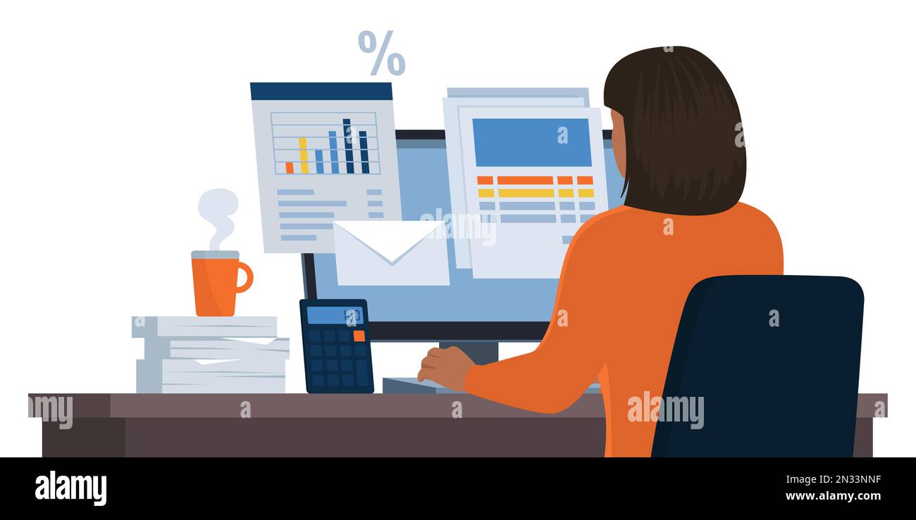 Businesswoman sitting at desk, checking paperwork and electronic documents online Stock Vector