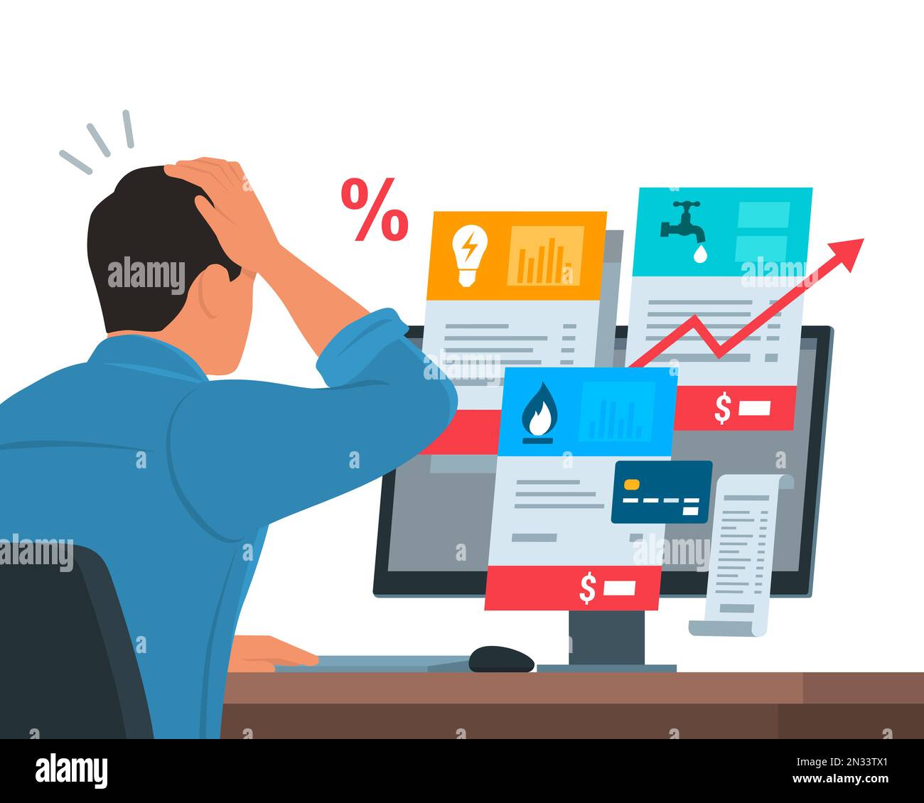 Worried man sitting at desk and checking expensive utility bills on his computer, payments and budget concept Stock Vector