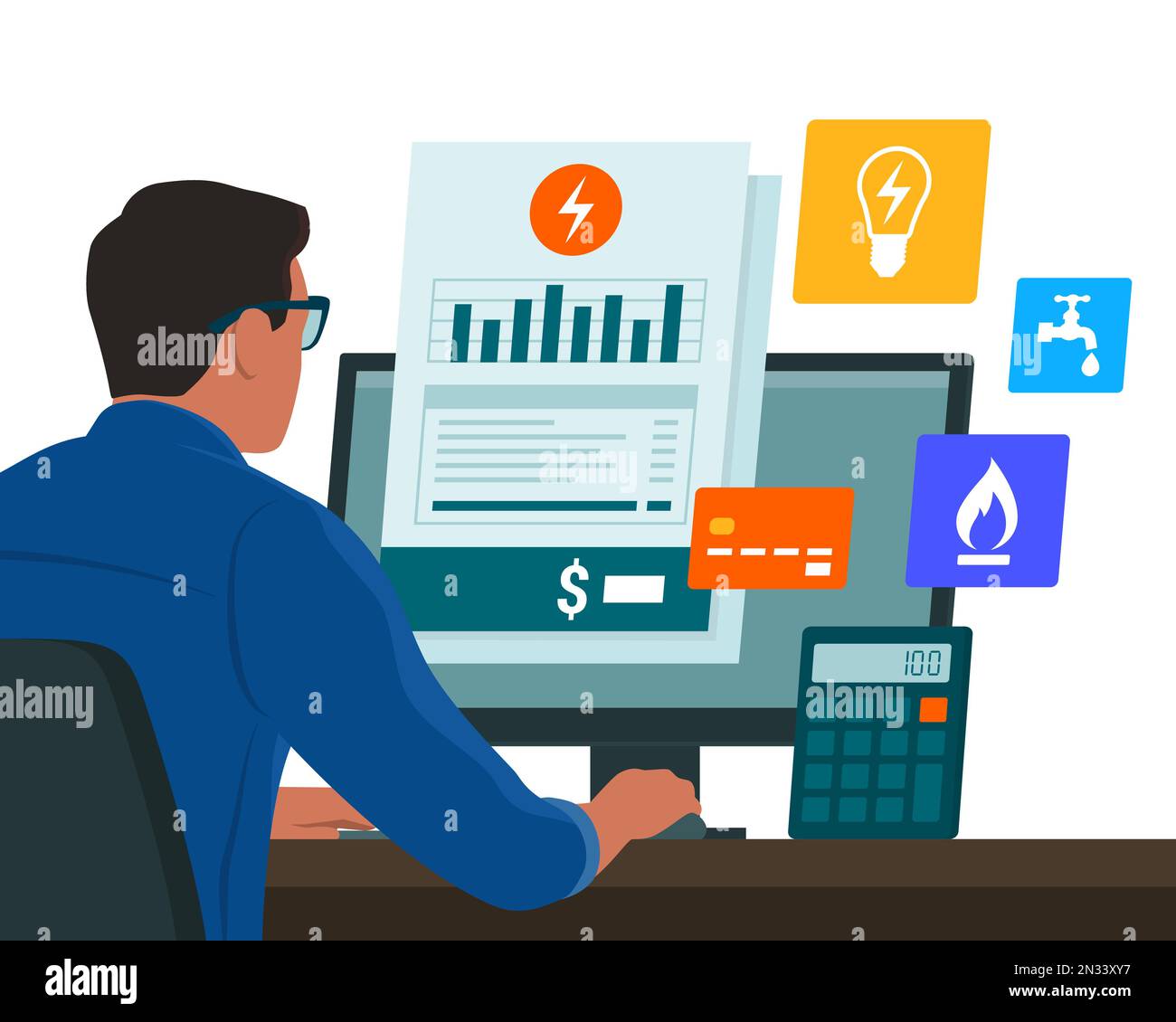 Man sitting at desk and paying his utility bills online on his computer, utility bills