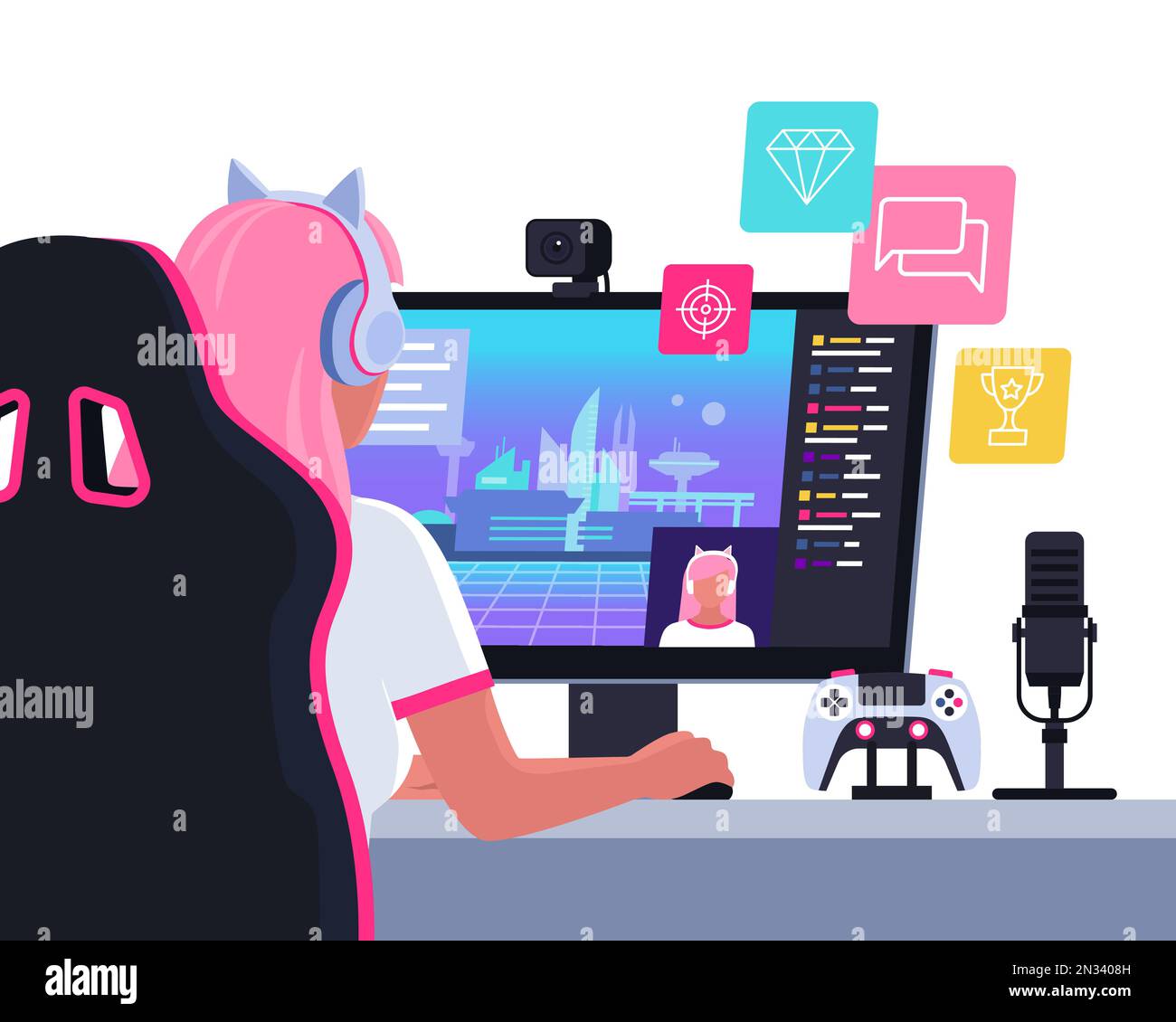 Professional cute gamer girl playing video games online: video games live streaming platform concept Stock Vector