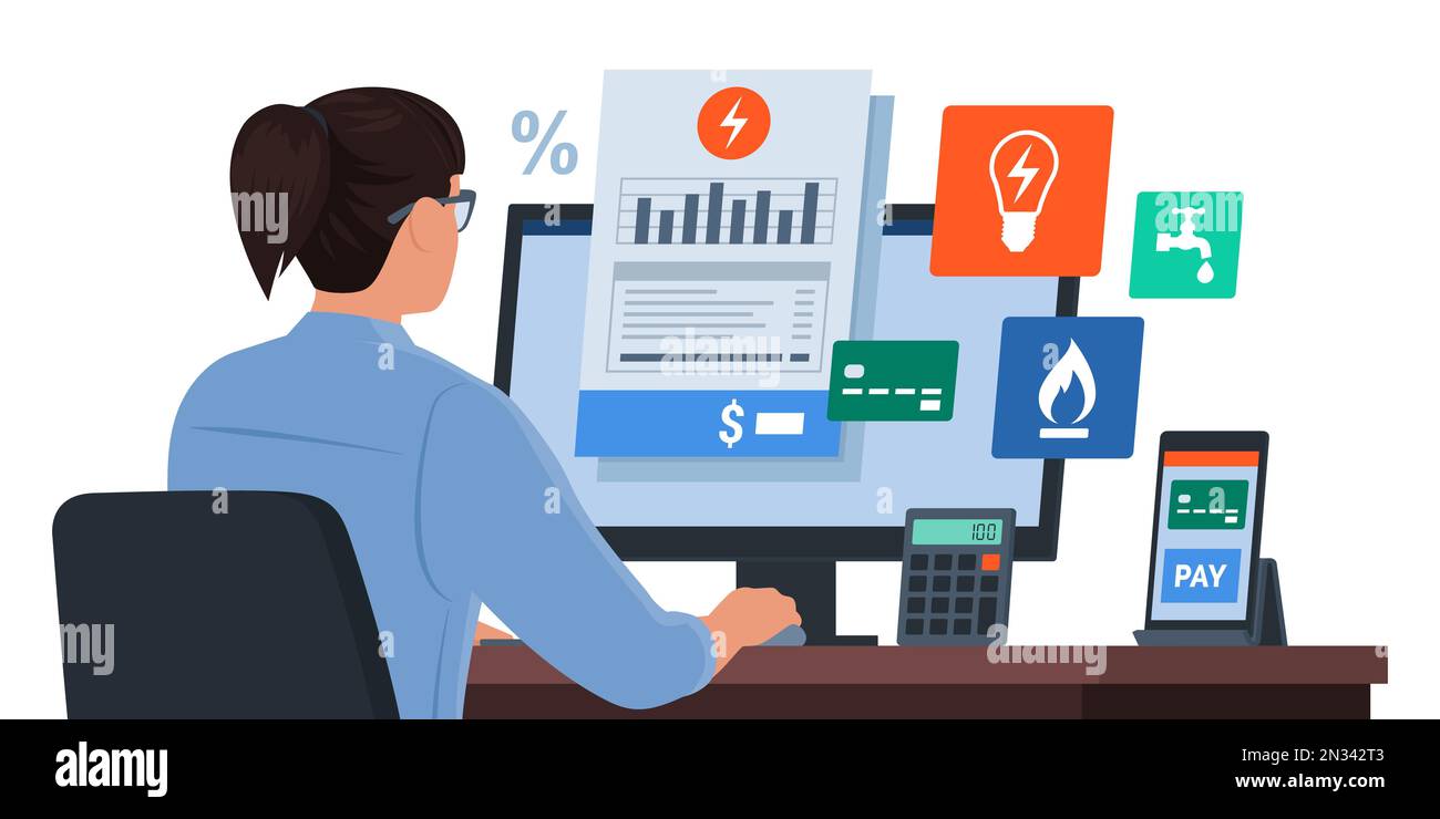 Woman sitting at desk and paying utility bills online using her computer Stock Vector