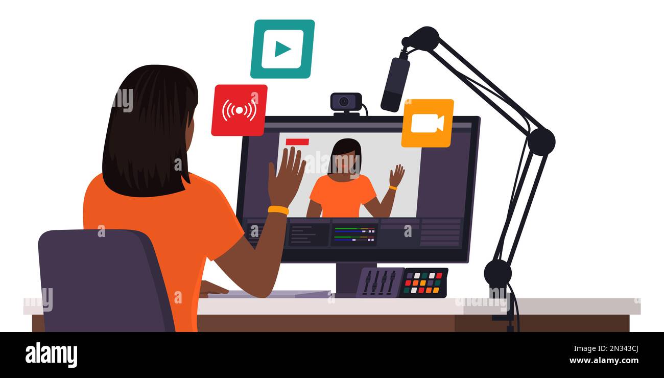 Professional youtuber and influencer livestreaming on social media, she is waving at the camera Stock Vector