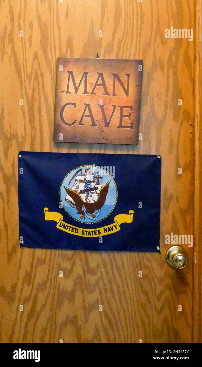 Door to a designated Man Cave inside a home... Stock Photo