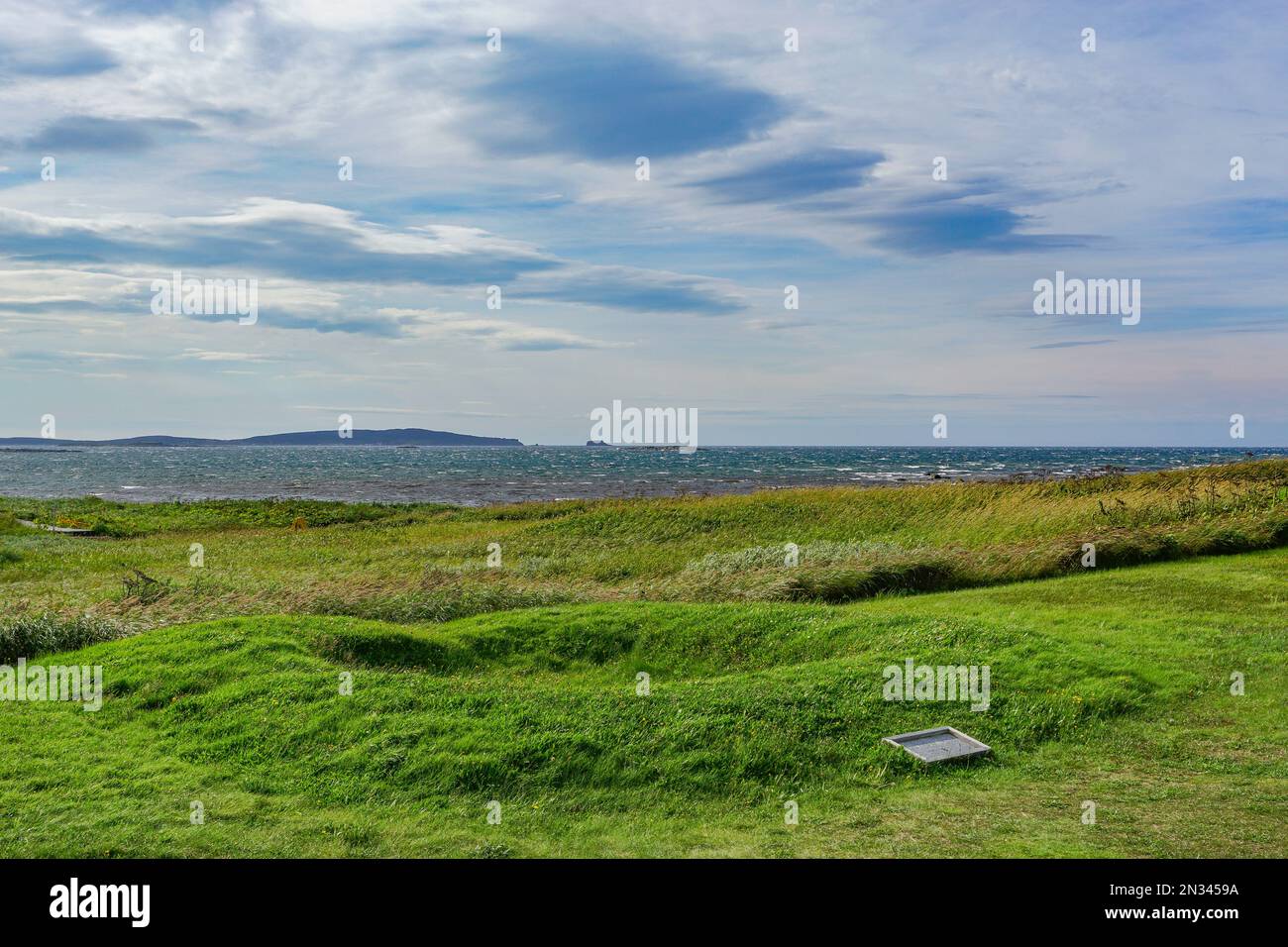 Newfoundland, Canada: A foundation marker at L’Anse-aux-Meadows (trans ...
