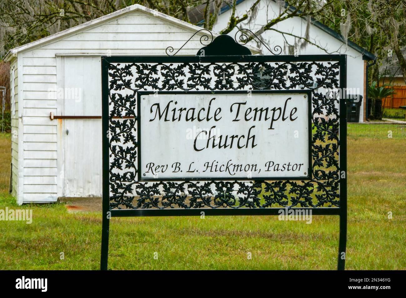 Sign for Miracle Temple Church in a small North Florida town. Stock Photo