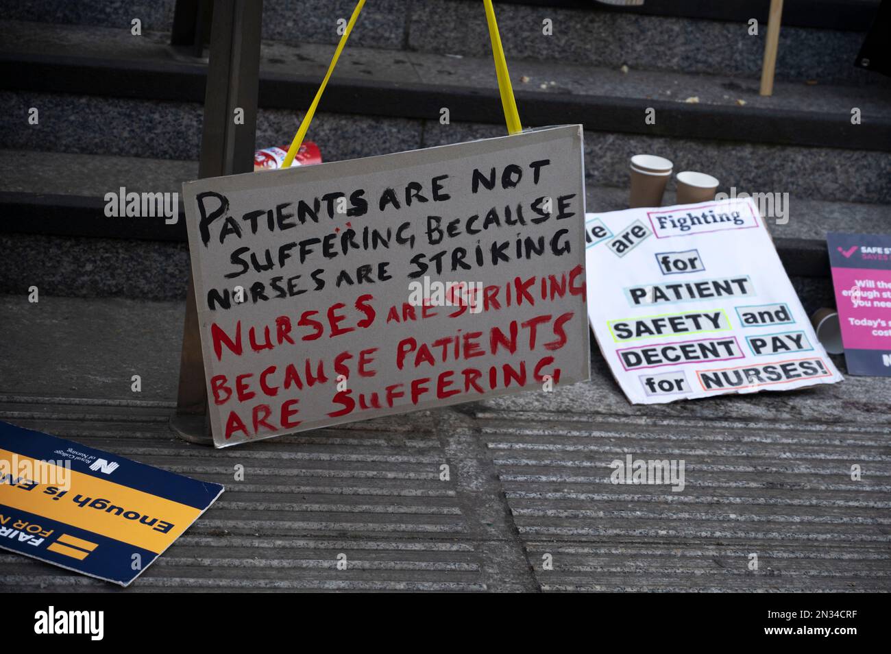 On 7th February 2023 nurses held another strike in England, demanding a pay increase and better working conditions. On the picket line at University C Stock Photo