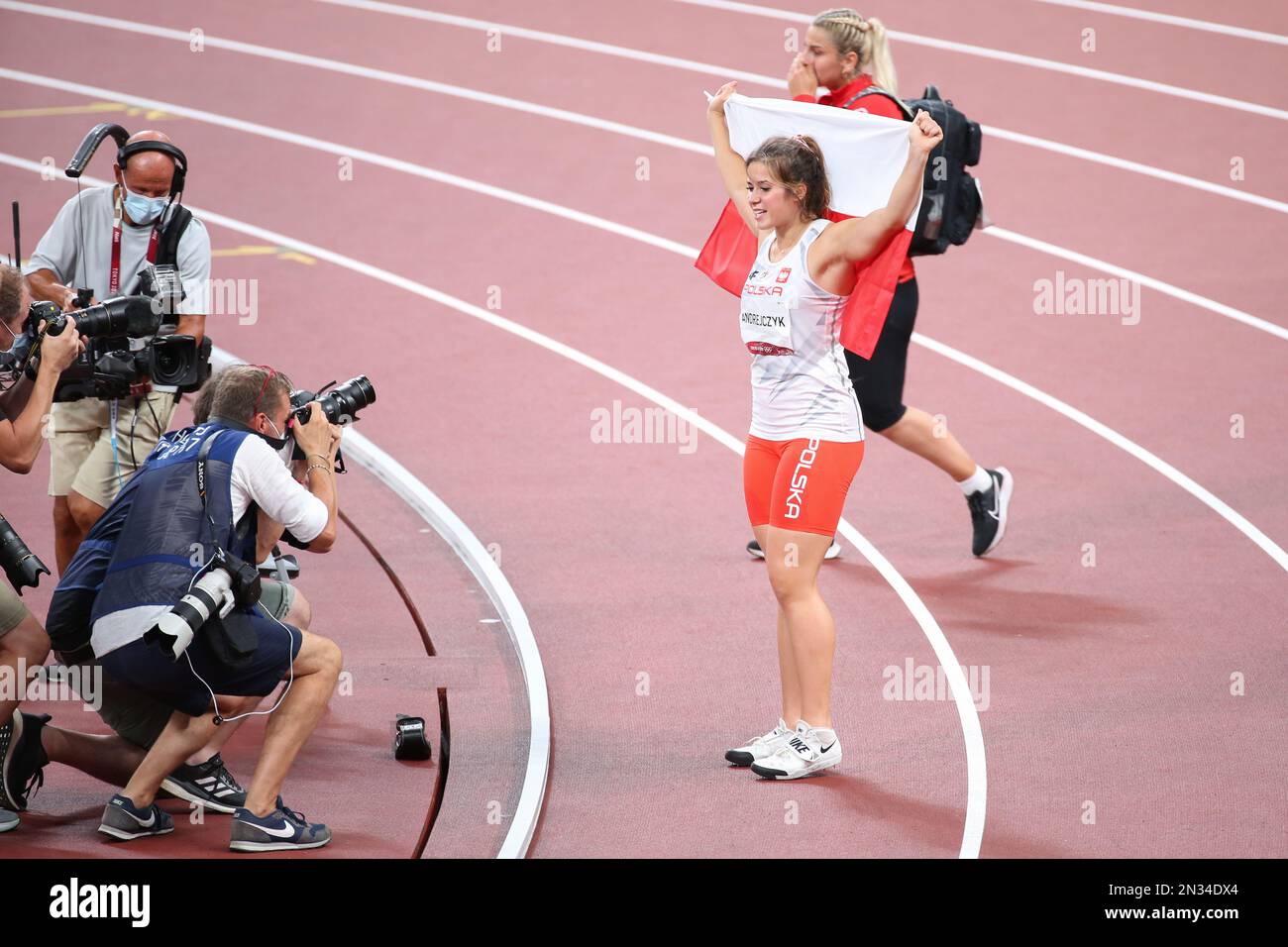 AUG 06, 2021 - Tokyo, Japan: Maria ANDREJCZYK of Poland wins the Silver Medal in the Athletics Women's Javelin Throw Final at the Tokyo 2020 Olympic G Stock Photo