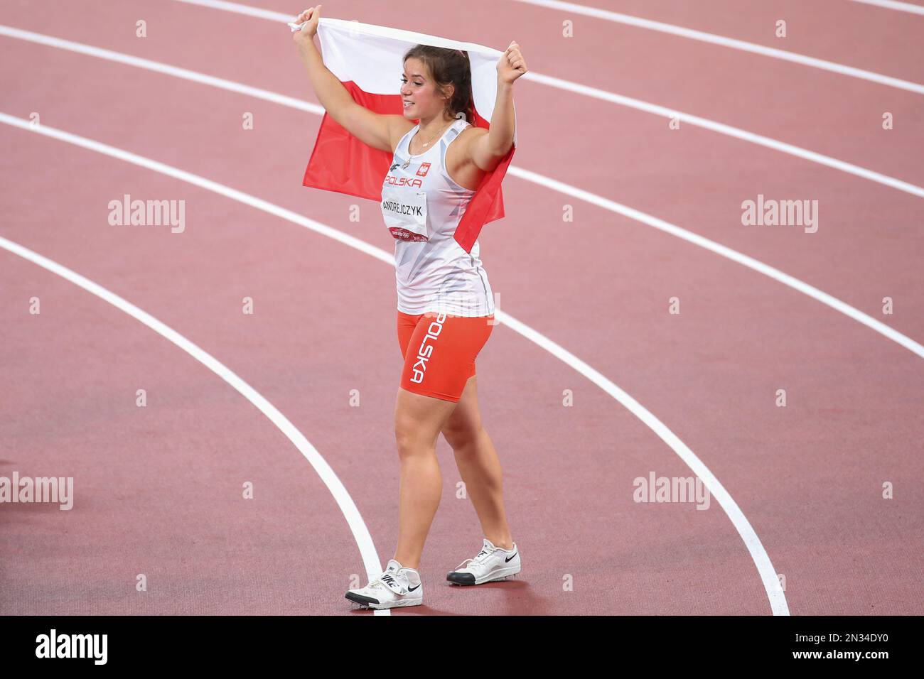 AUG 06, 2021 - Tokyo, Japan: Maria ANDREJCZYK of Poland wins the Silver Medal in the Athletics Women's Javelin Throw Final at the Tokyo 2020 Olympic G Stock Photo