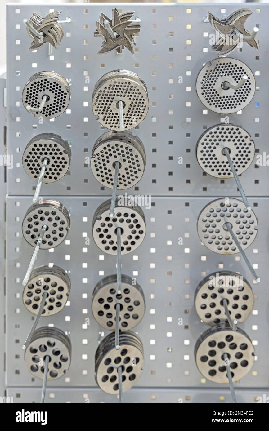 Meat Mincer Machine Grinder Discs Parts Butcher Equipment Stock Photo