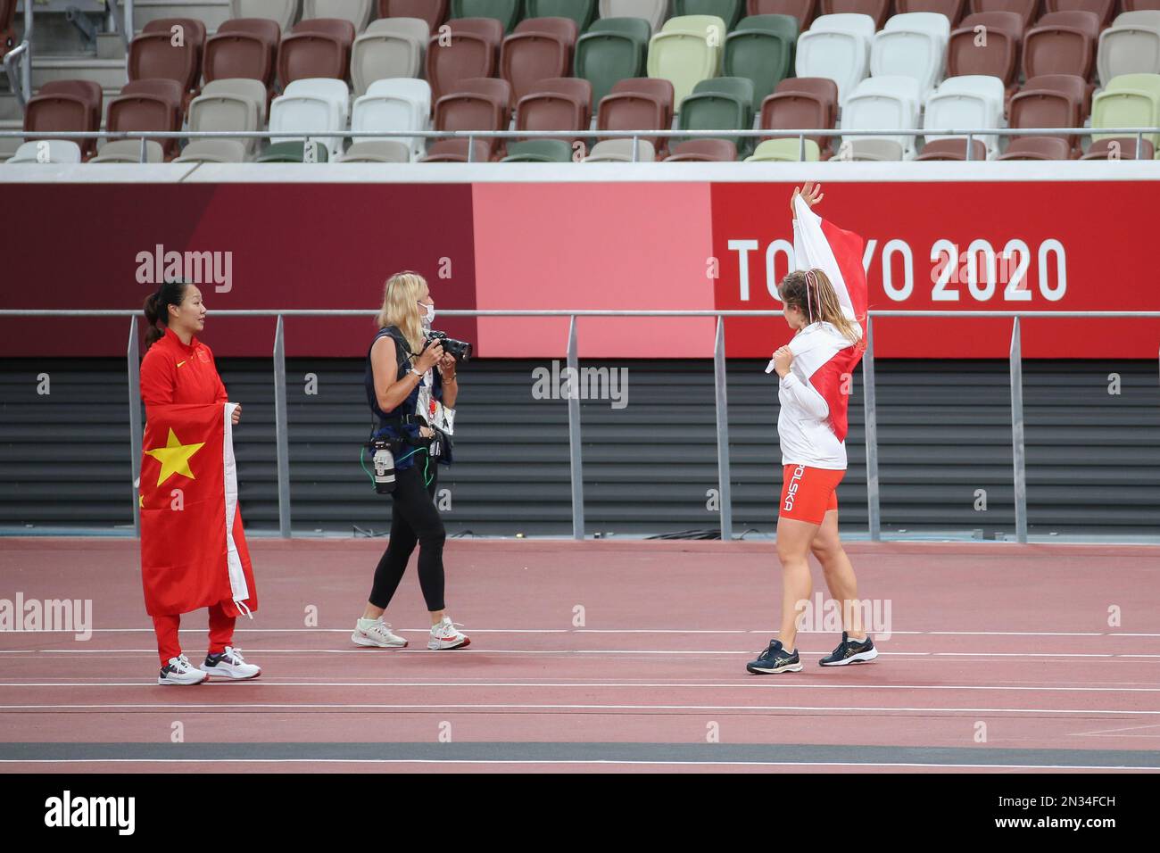 AUG 06, 2021 - Tokyo, Japan: LIU Shiying of China and Maria ANDREJCZYK of Poland win the gold and silver medals in the Athletics Women's Javelin Throw Stock Photo