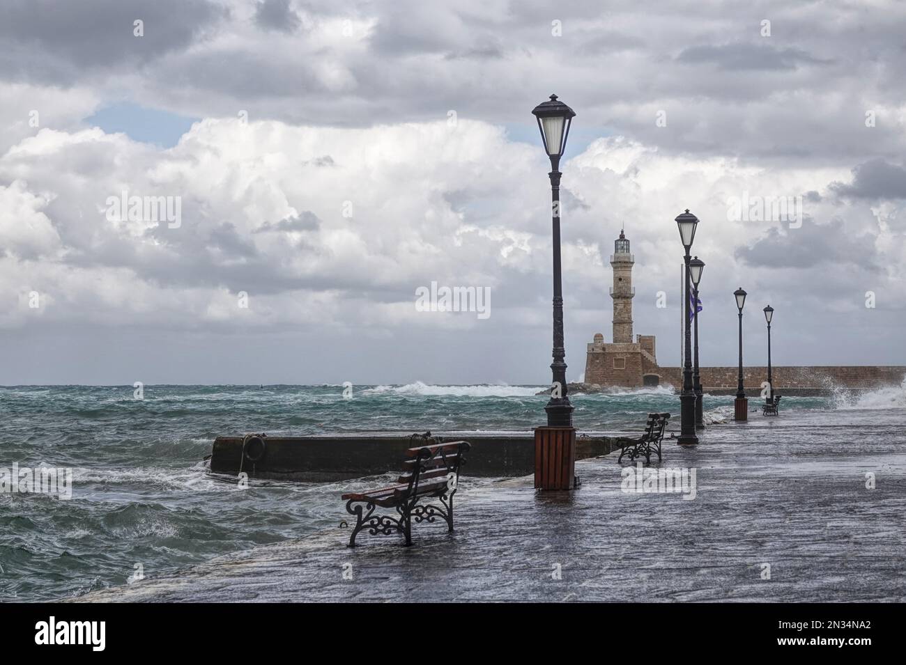 The Venetian harbour of Chania old town in Crete, Greece, after a heavy storm Stock Photo