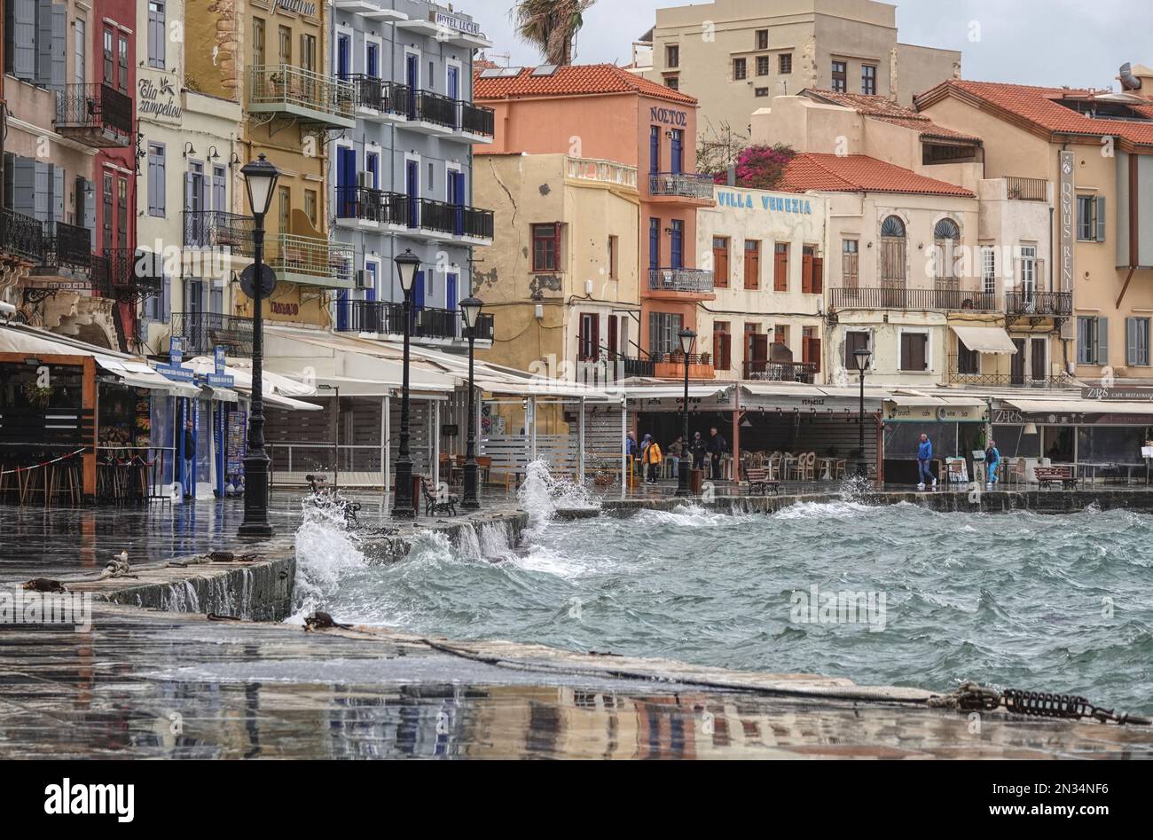 The Venetian harbour of Chania old town in Crete, Greece, after a heavy storm Stock Photo