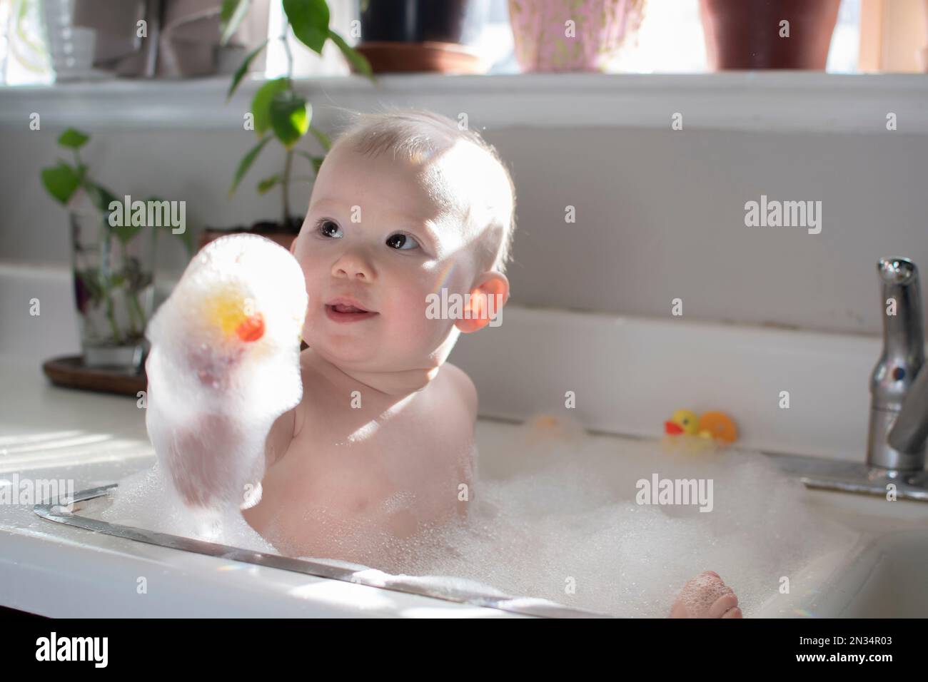Baby taking bath in the kitchen sink. Child playing with foam and soap