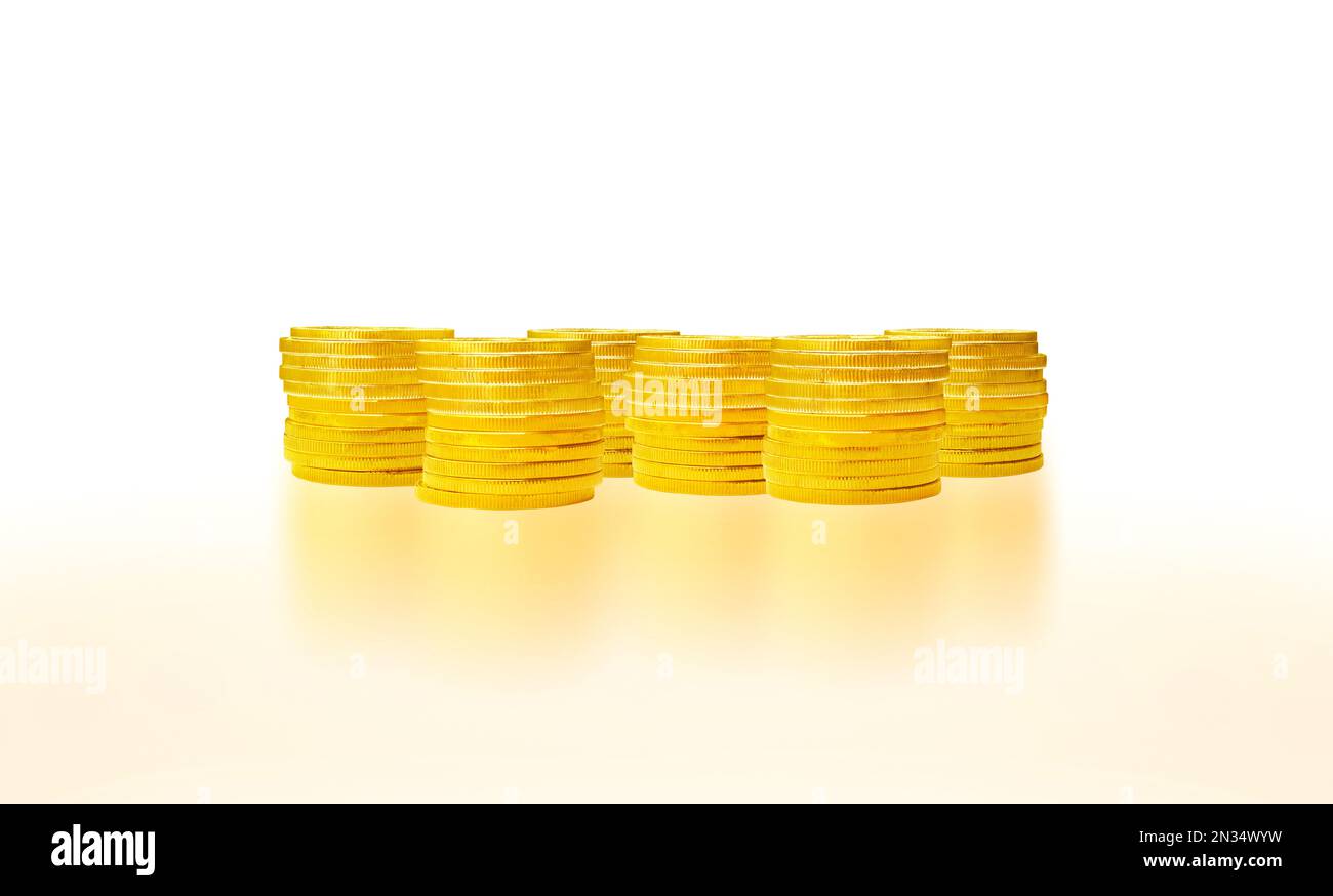 Stack of golden coins isolated on white background and reflection, 3D ...