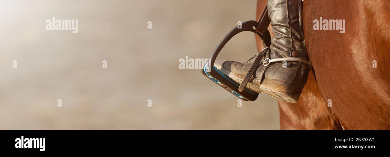 Horse Riding Foot Rest Foot of the athlete in a stirrup astride a horse, the foot of the rider ...