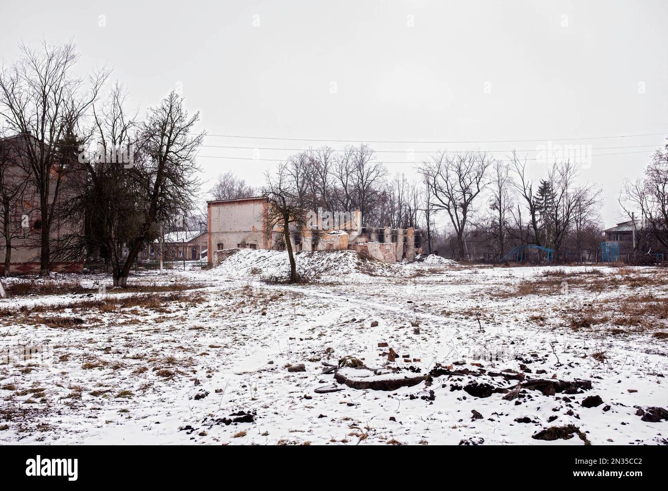 Iskryskivshchyna, Sumy, Ukraine. 3rd Feb, 2023. The remains of one of the few buildings. The village of Iskryskivshchyna, is almost completely destroyed by continuous Russian artillery shelling and only the rubble of the houses remains with a few people of the village still living together with the mayor. (Credit Image: © Marco Cordone/SOPA Images via ZUMA Press Wire) EDITORIAL USAGE ONLY! Not for Commercial USAGE! Stock Photo