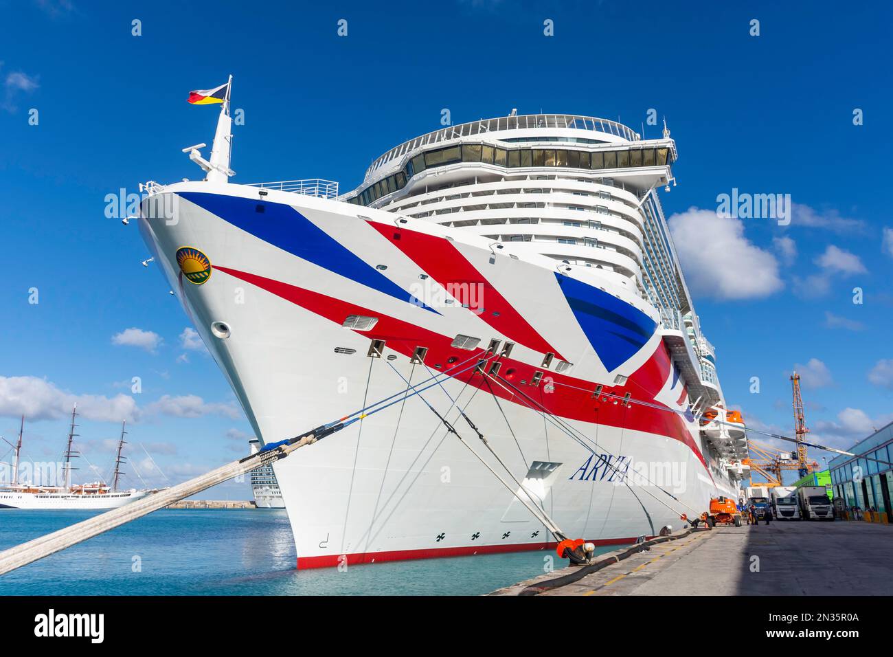P&O Arvia Cruise Ship berthed in dock, Bridgetown, St Michael Parish, Barbados, Lesser Antilles, Caribbean Stock Photo