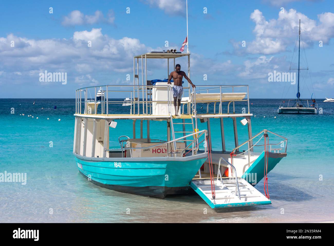 Snorkeling excursion boat at Bayshore Beach, Carlisle Bay, Bridgetown, St Michael Parish, Barbados, Lesser Antilles, Caribbean Stock Photo