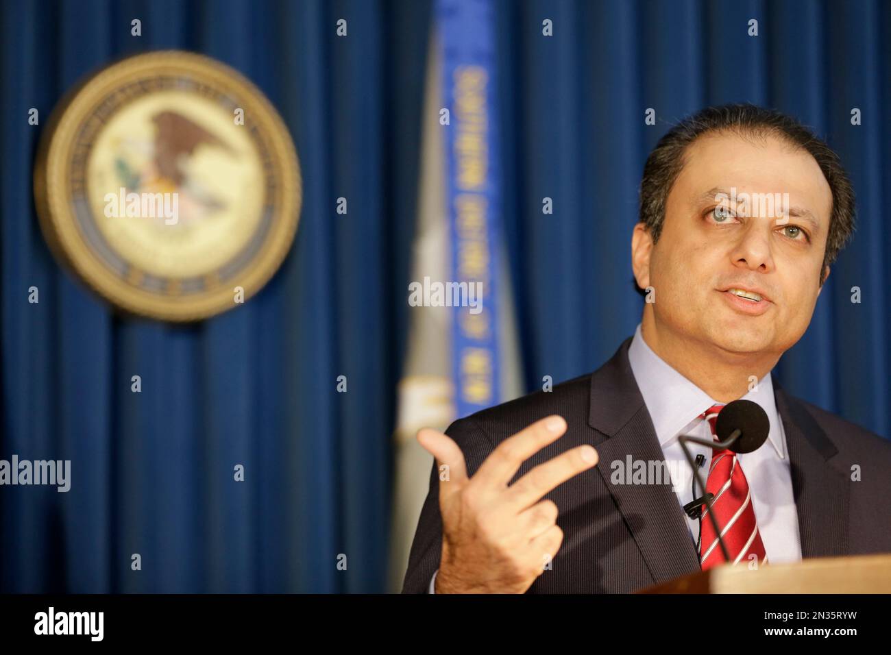 U.S. Attorney Preet Bharara addresses members of the media regarding