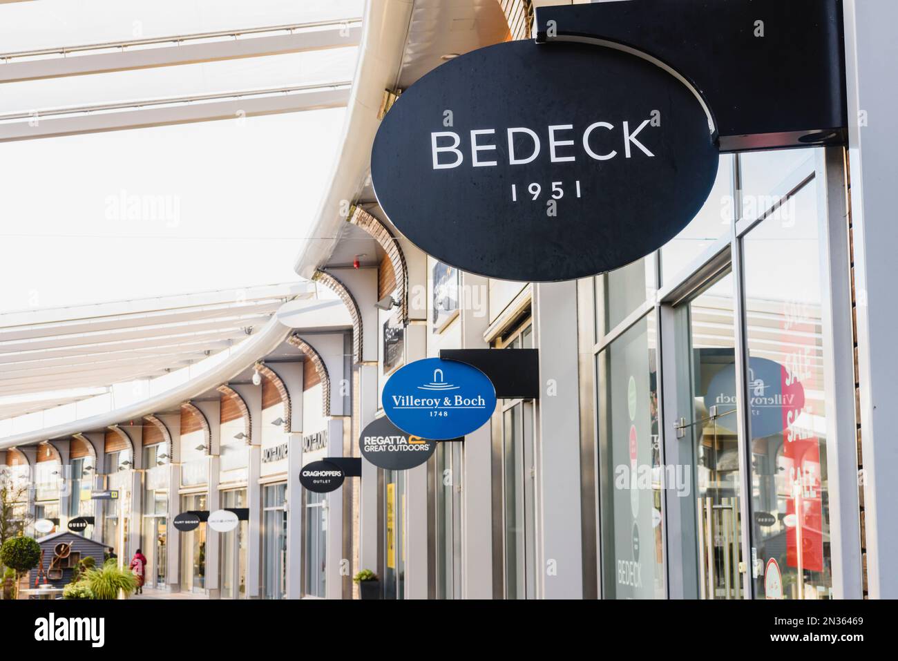 Shop signs along The Boulevard Outlet centre, Banbridge, Northern