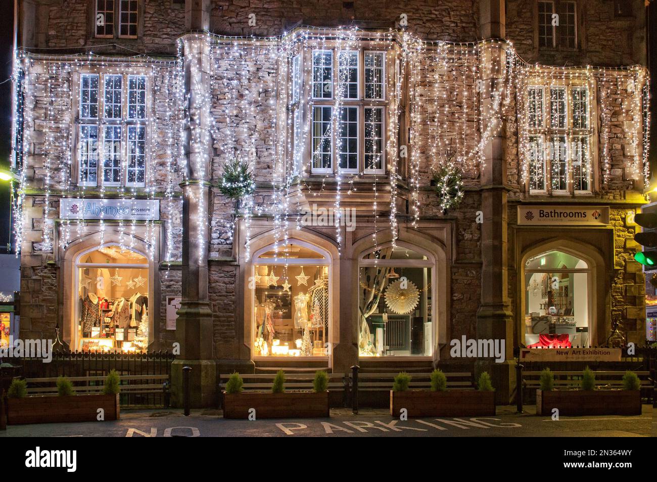 Christmas lights display on the Gothic revival style town hall building