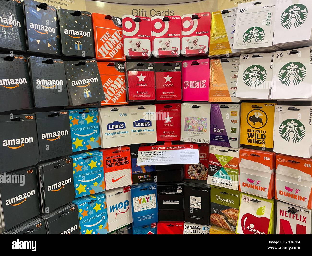 Wide variety of gift cards offered for sale at a local drug store. Stock Photo