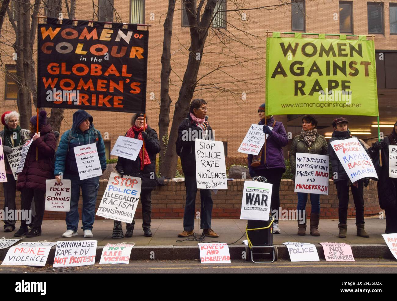 London, UK. 7th February 2023. Activists from the group Women Against Rape gathered outside Southwark Crown Court on the second day of the sentencing of serial rapist David Carrick. The former police officer has been jailed for a minimum of 30 years. Stock Photo
