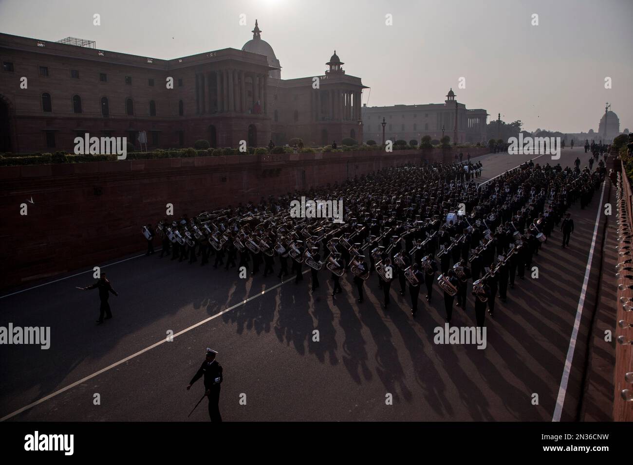 Members of the Indian Navy band rehearse for the Beating