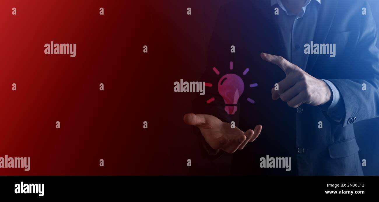 Hand holding light bulb. Smart idea icon isolated. Innovation, solution ...