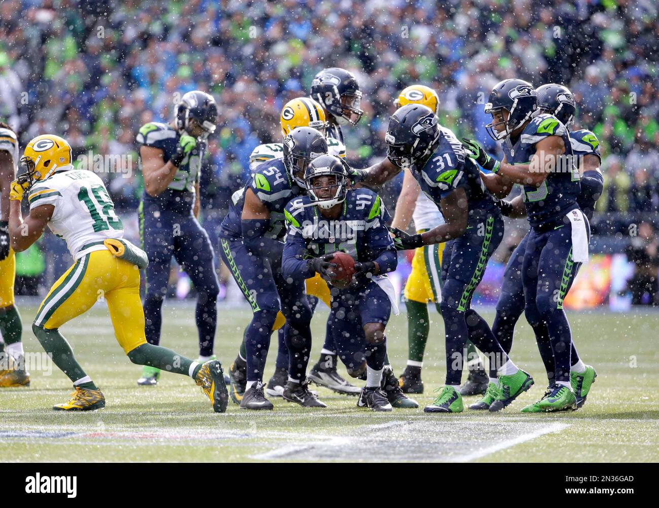 Seattle Seahawks cornerback Byron Maxwell 41 smiles after an interception against the Green Bay Packers during the first half of the NFL football NFC Championship game Sunday Jan. 18 2015 in Seattle