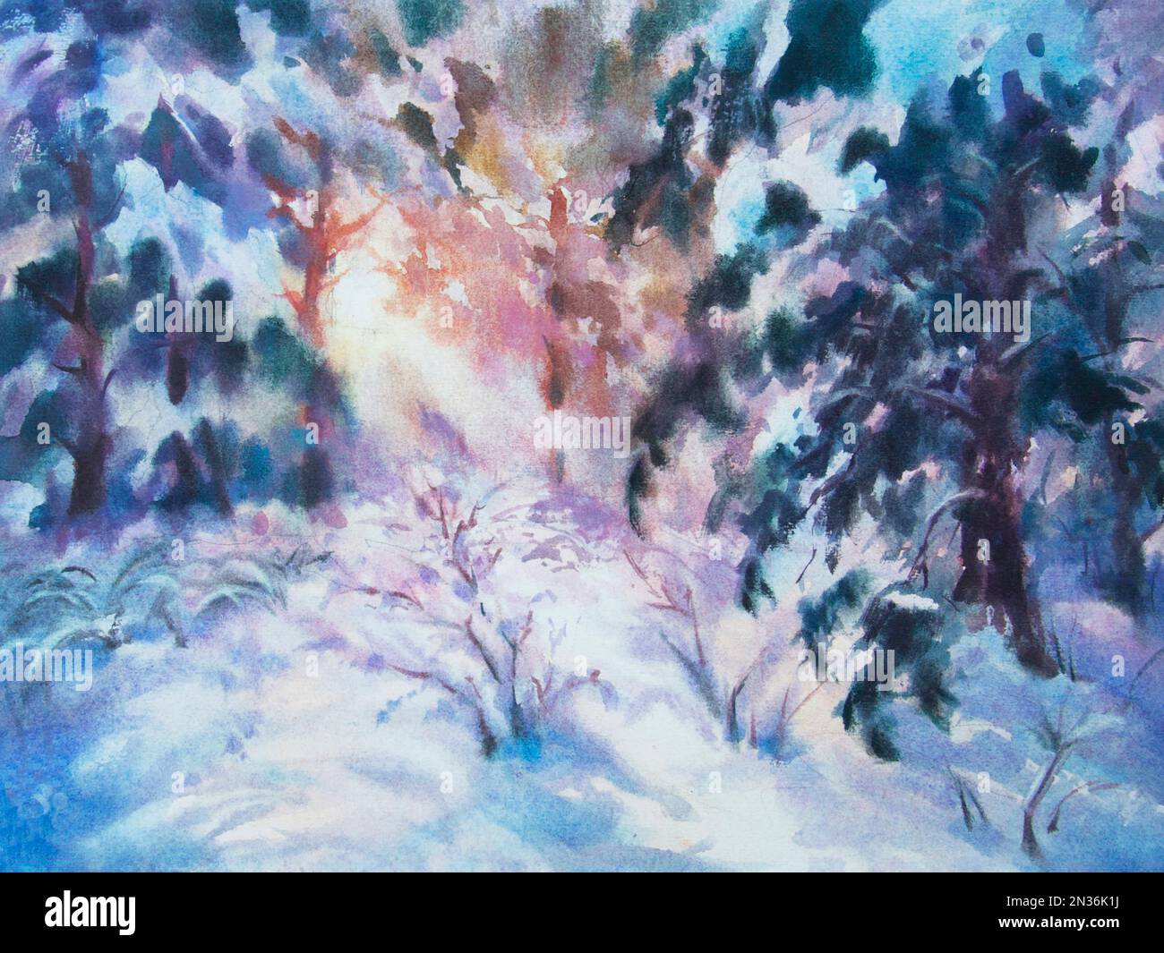 Watercolor painting of sunset in snowy forest. winter landscape ...