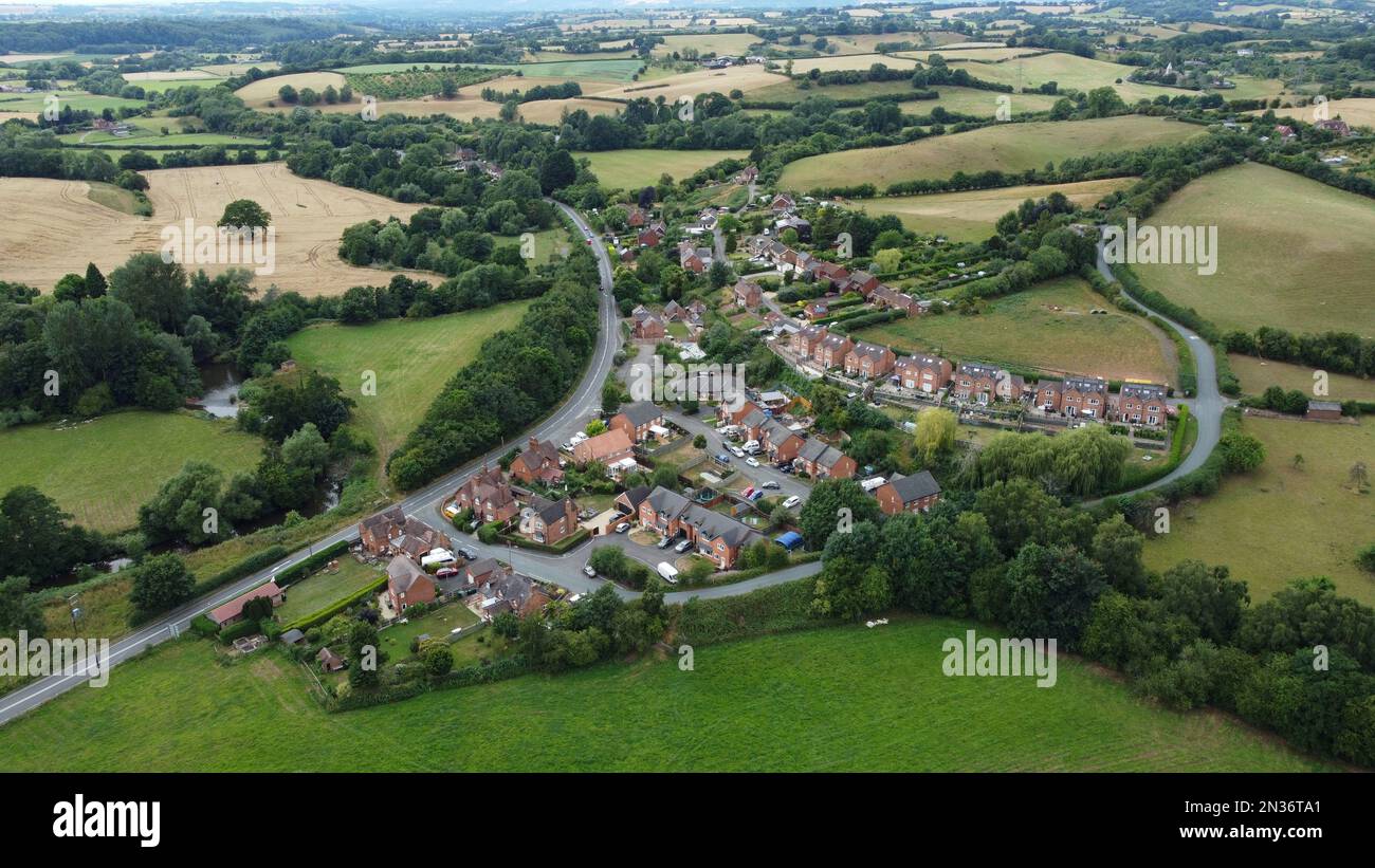 Drone photo of the rural Worcestershire village of Newnham Bridge, on