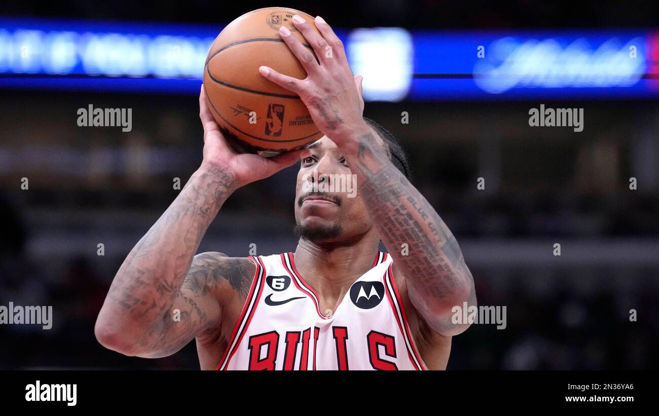 Chicago Bulls' DeMar DeRozan eyes a free throw during the first half of an NBA basketball game
