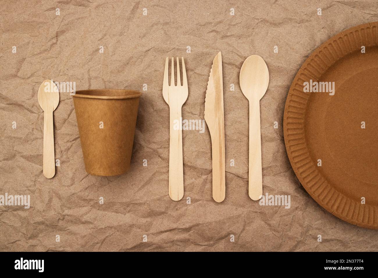 Wooden fork, spoon, knife and cardboard plate and cup on crumpled paper ...