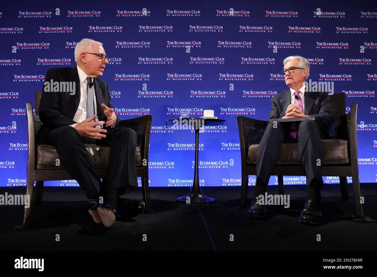 . Federal Reserve Chair Jerome Powell participates in a discussion with  David Rubenstein during a meeting of The Economic Club of Washington, at  the Renaissance Hotel in Washington, ., ., February 7,