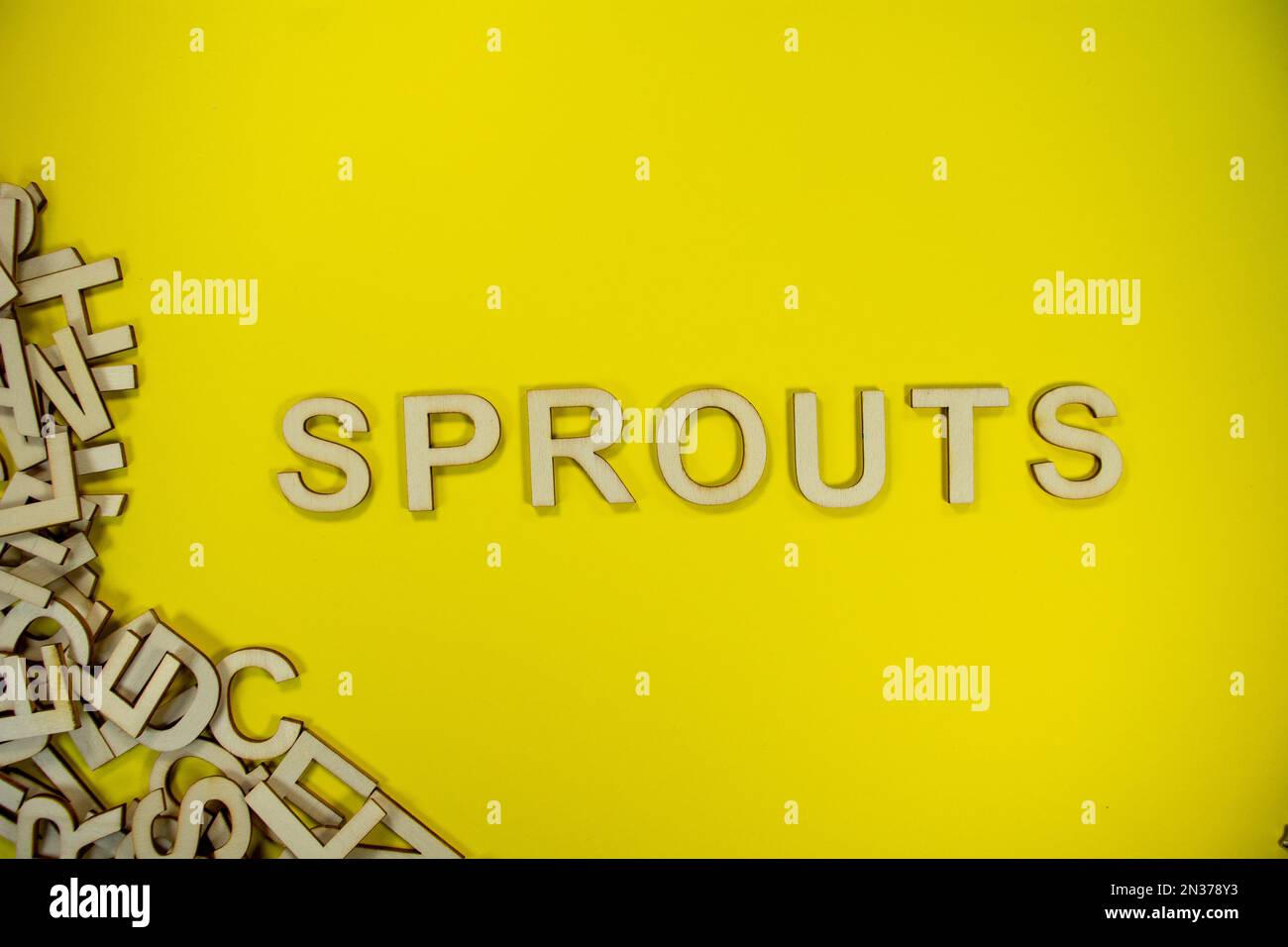 SPROUTS in wooden English words language capital letters spilling from