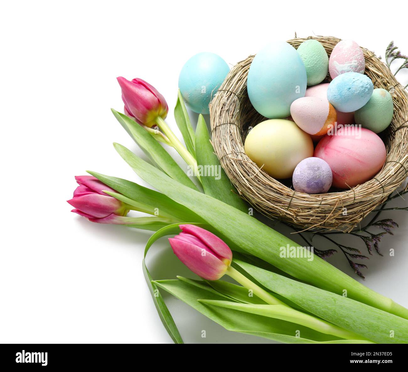 Composition with nest of Easter eggs and beautiful tulip flowers on ...