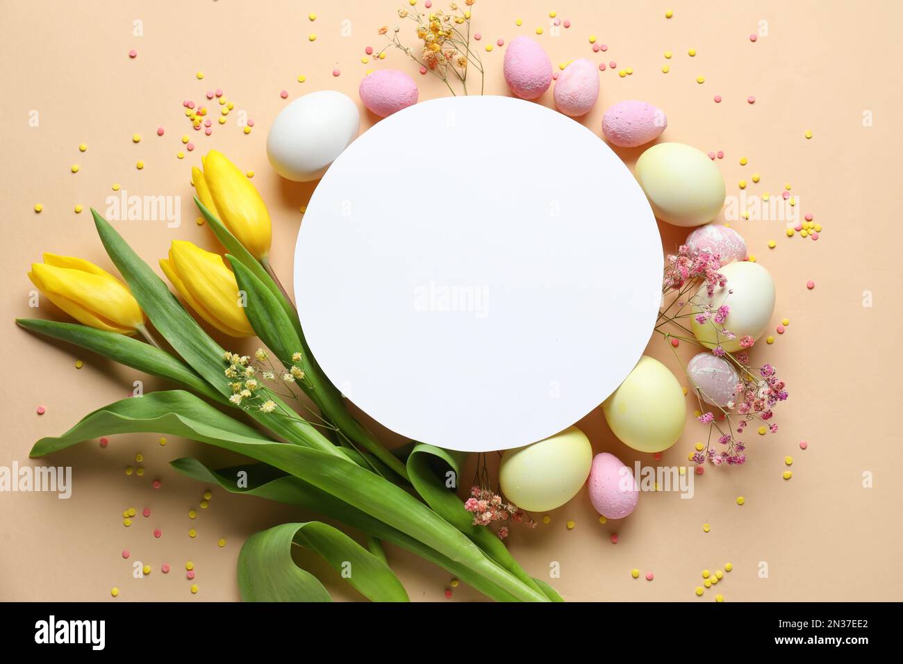 Composition with blank card, painted Easter eggs and flowers on color ...