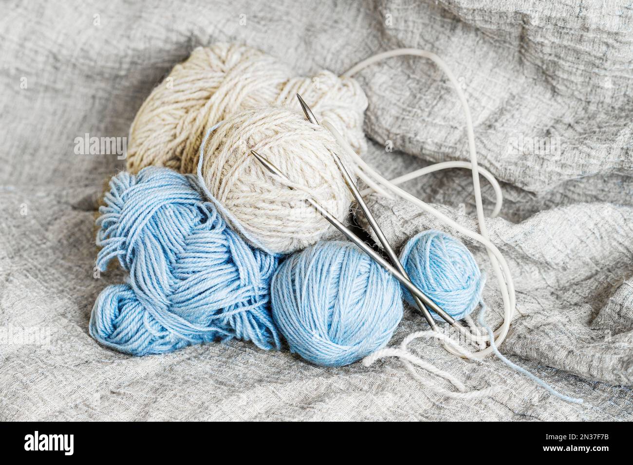 Closeup of Skeins of wool yarn and knitting needles on light background. Knitting, hobby, handicraft concept Stock Photo