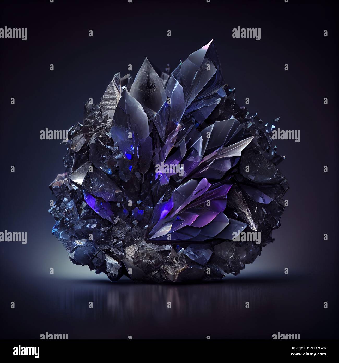 Shiny blue crystal Iolite gem isolated on black background. Natural precious mineral stone artistic illustration. Decorative purple ultramarine Iolite crystal gemstone realistic poster Stock Photo Ala...