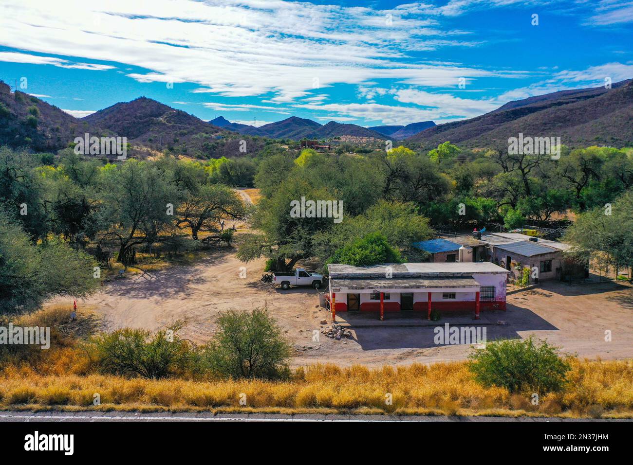 El Gavilán restaurant in Ures, Sonora Mexico. Aerial view of the river