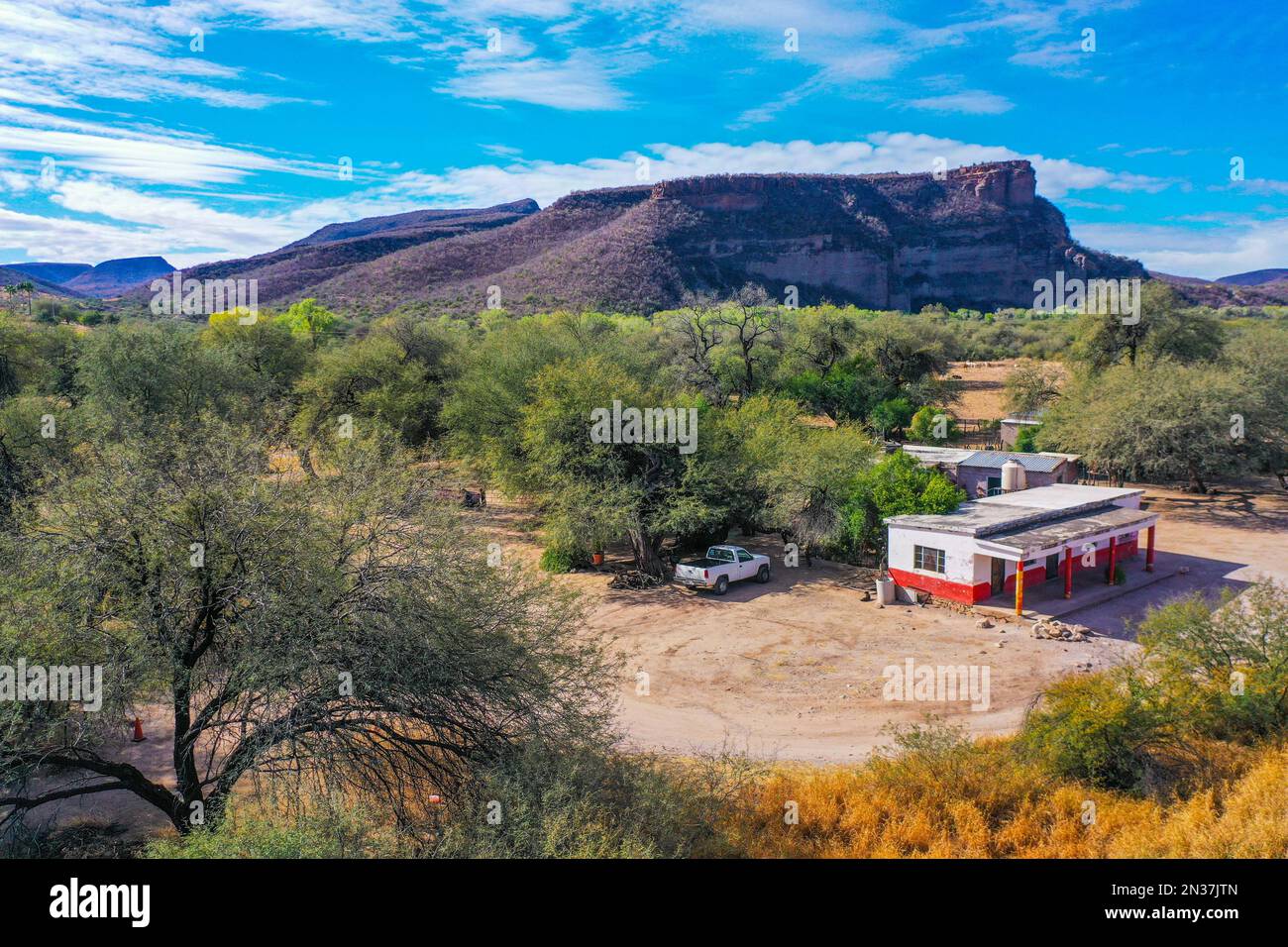 El Gavilán restaurant in Ures, Sonora Mexico. Aerial view of the river