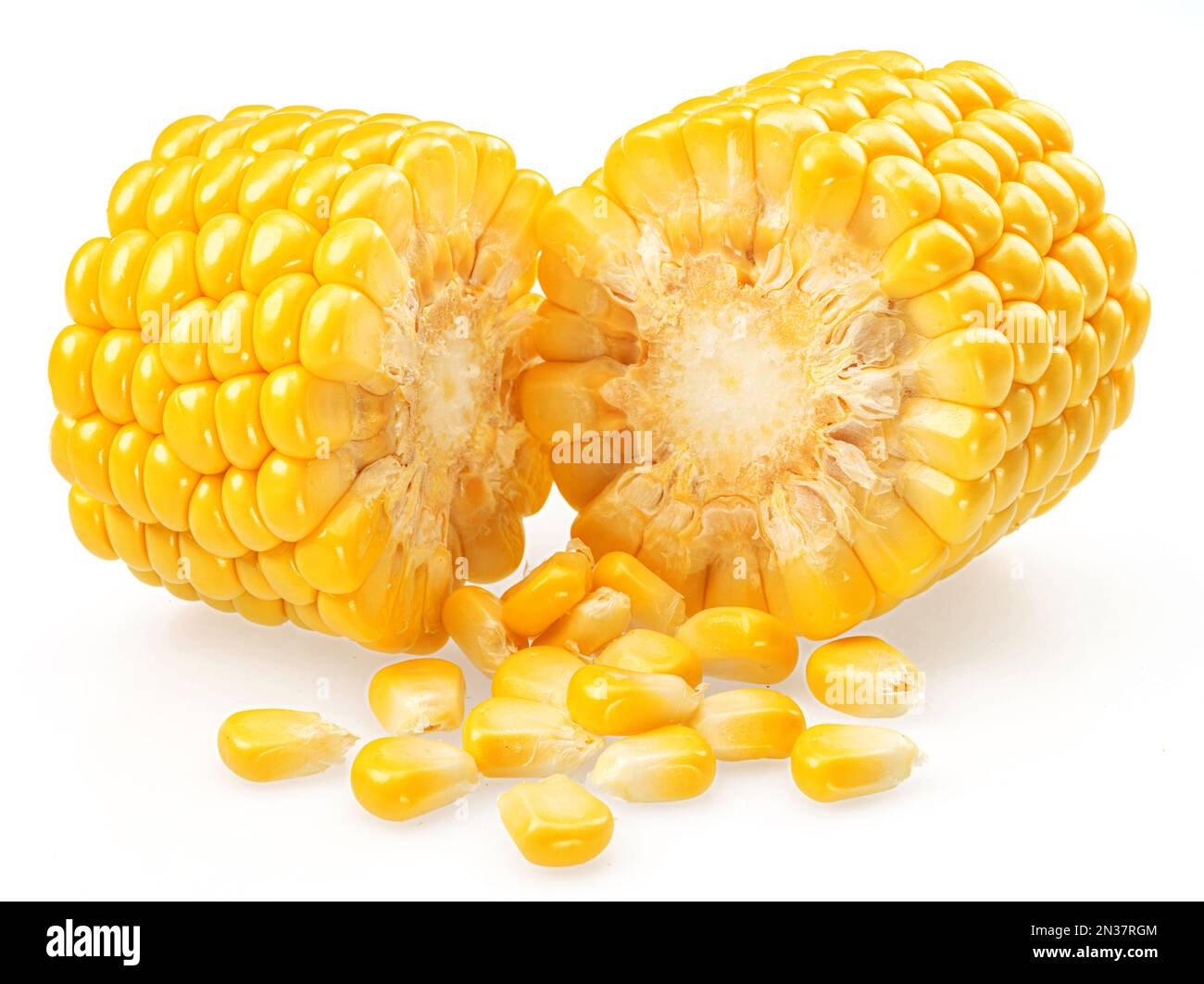 Pieces of maize cob or corn cob and corn seeds isolated on white background. Stock Photo