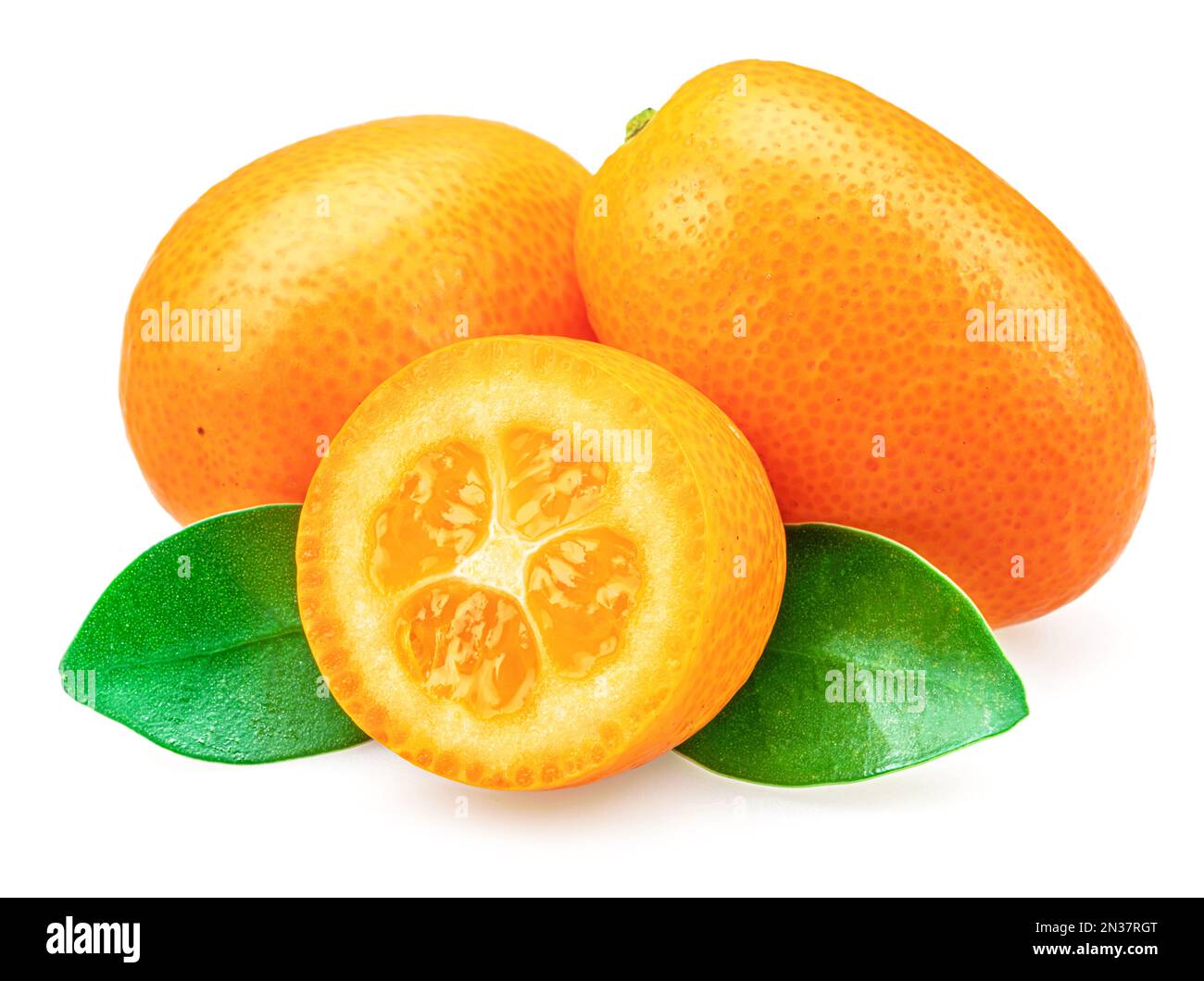 Kumquat fruit and cross cut of kumquat with leaves isolated on white ...
