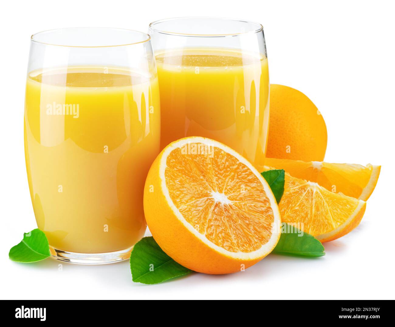 Glasses of fresh orange juice and orange fruits isolated on white background. Stock Photo