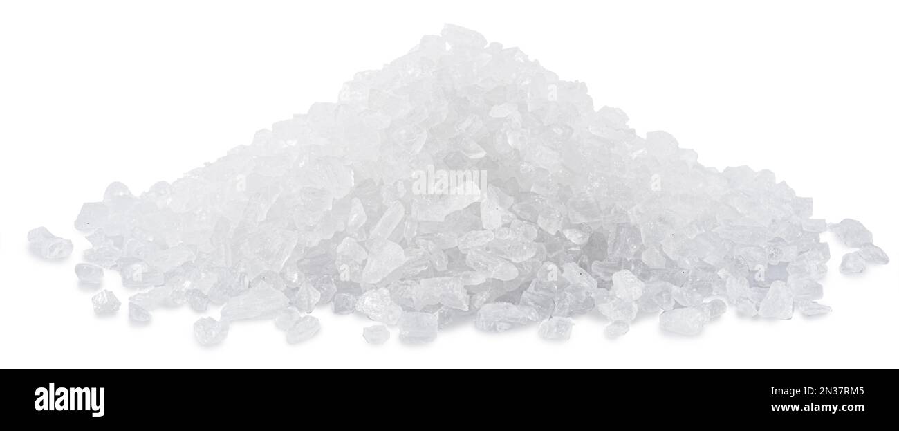 Pile of salt crystals on white background. File contains clipping path