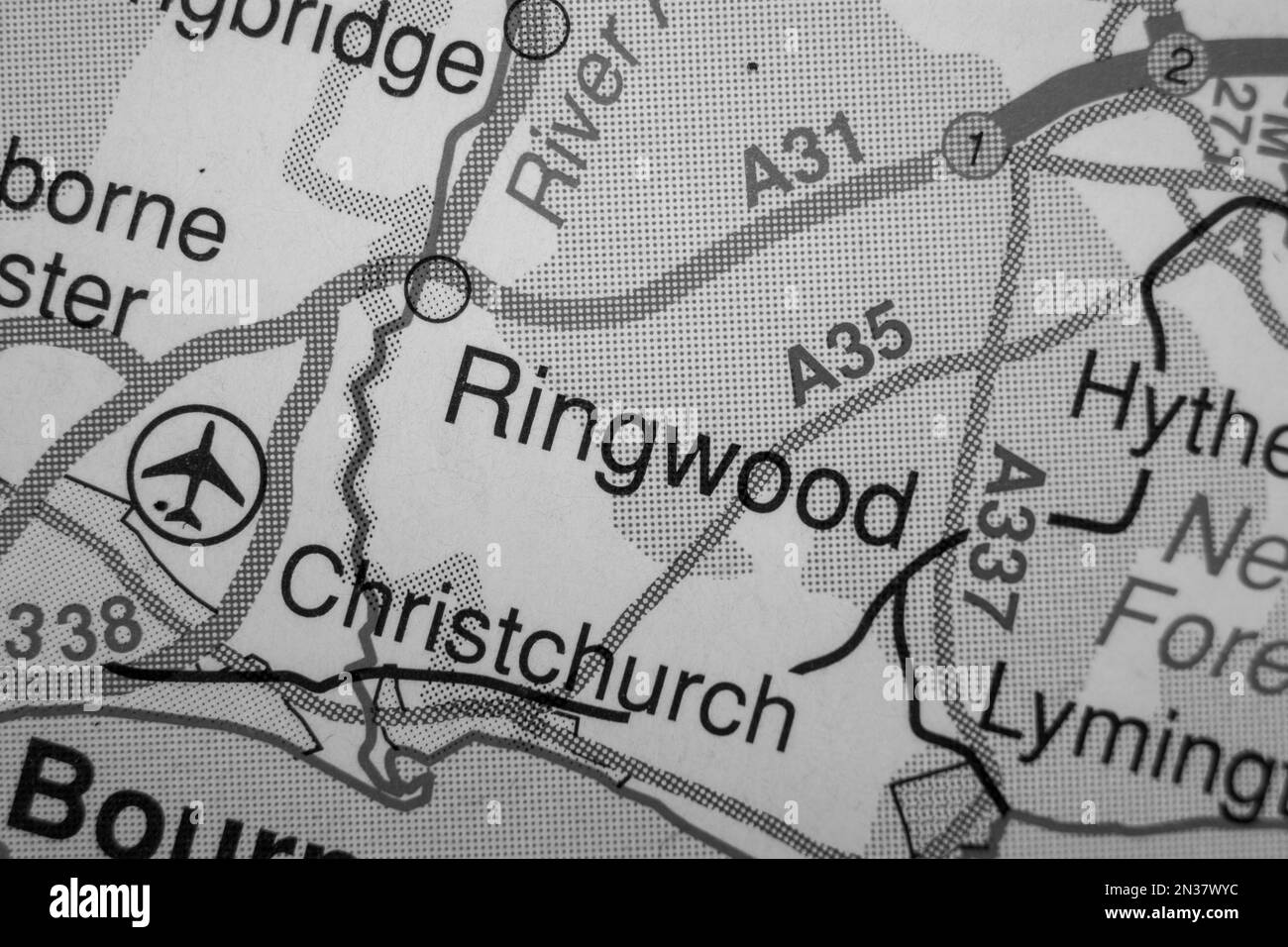 Ringwood, United Kingdom atlas map town name - black and white Stock Photo